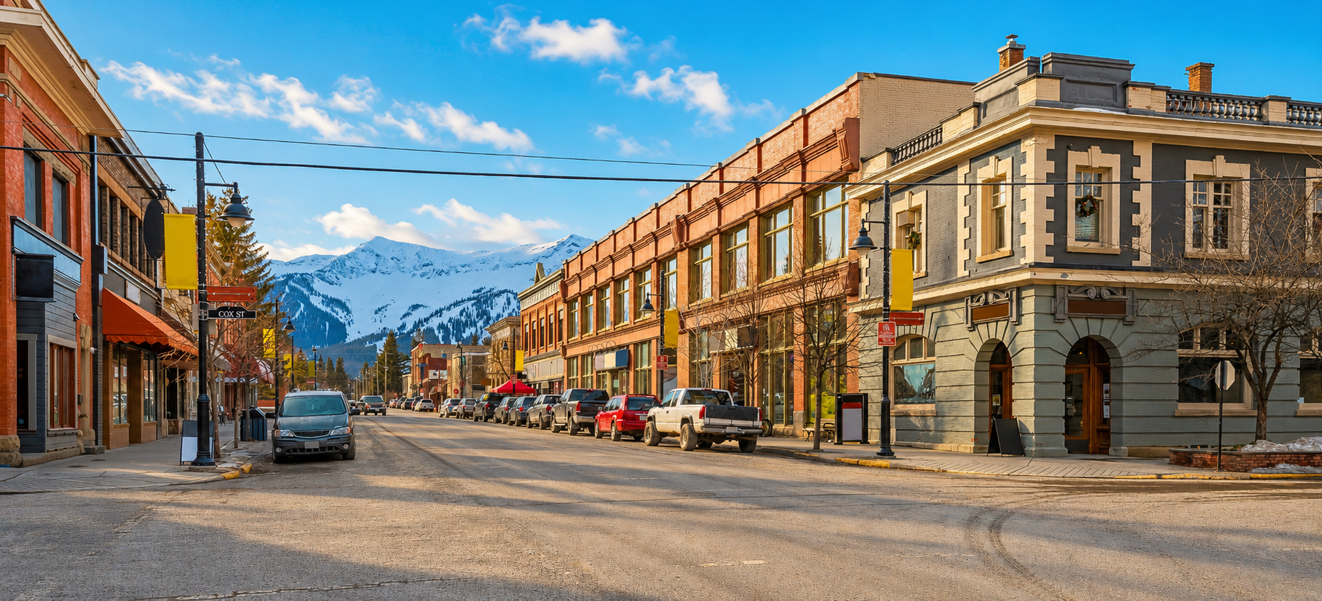 Historic downtown 2nd Avenue in Fernie, BC with mountain backdrop