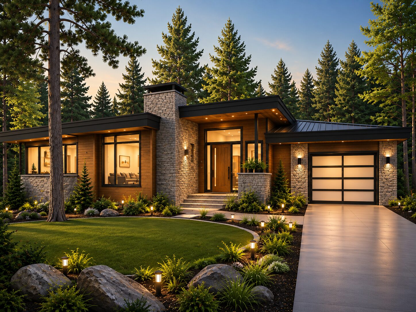 Modern custom home design at dusk with warm lighting