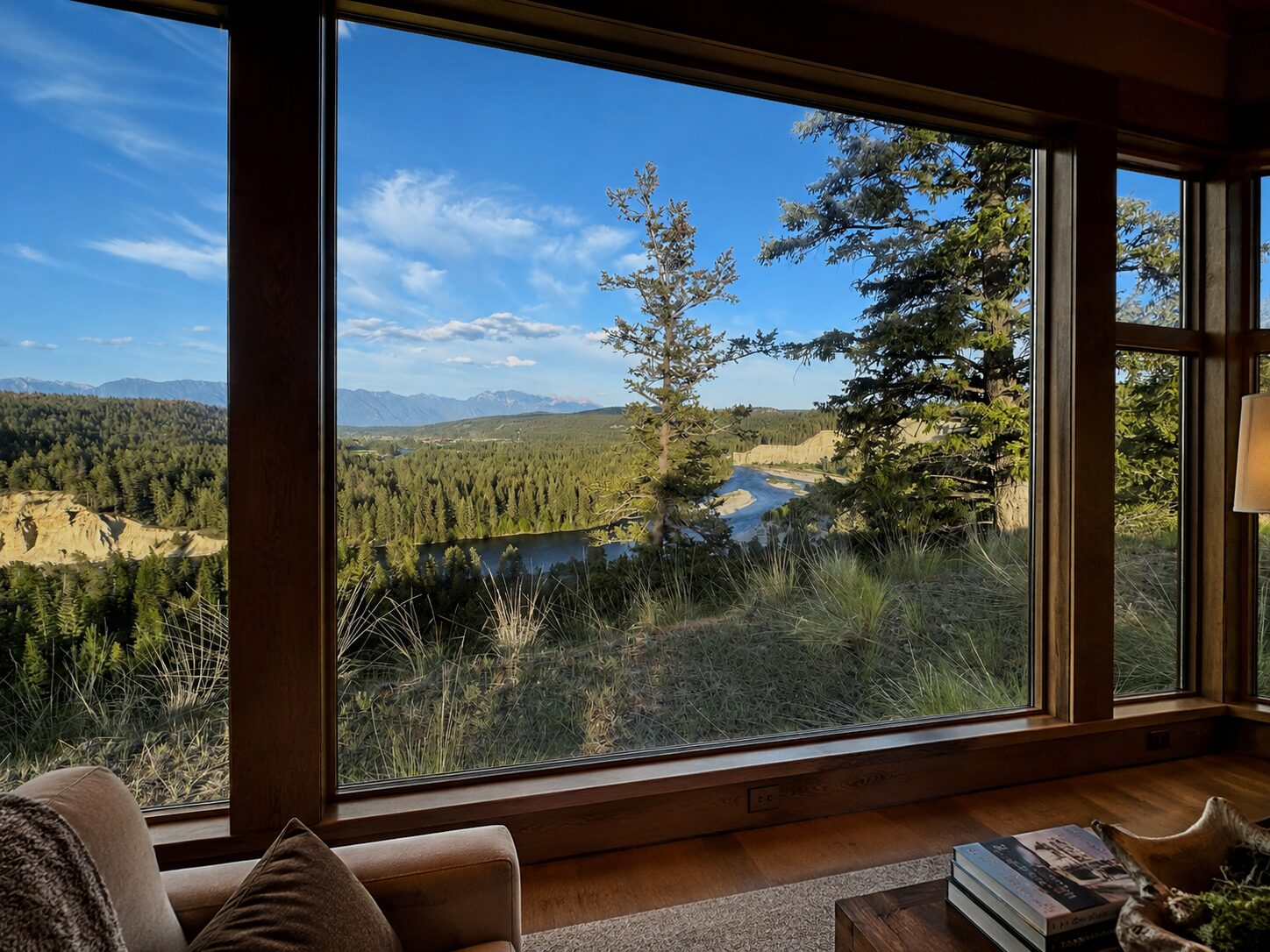 Custom home interior with floor-to-ceiling windows framing mountain views